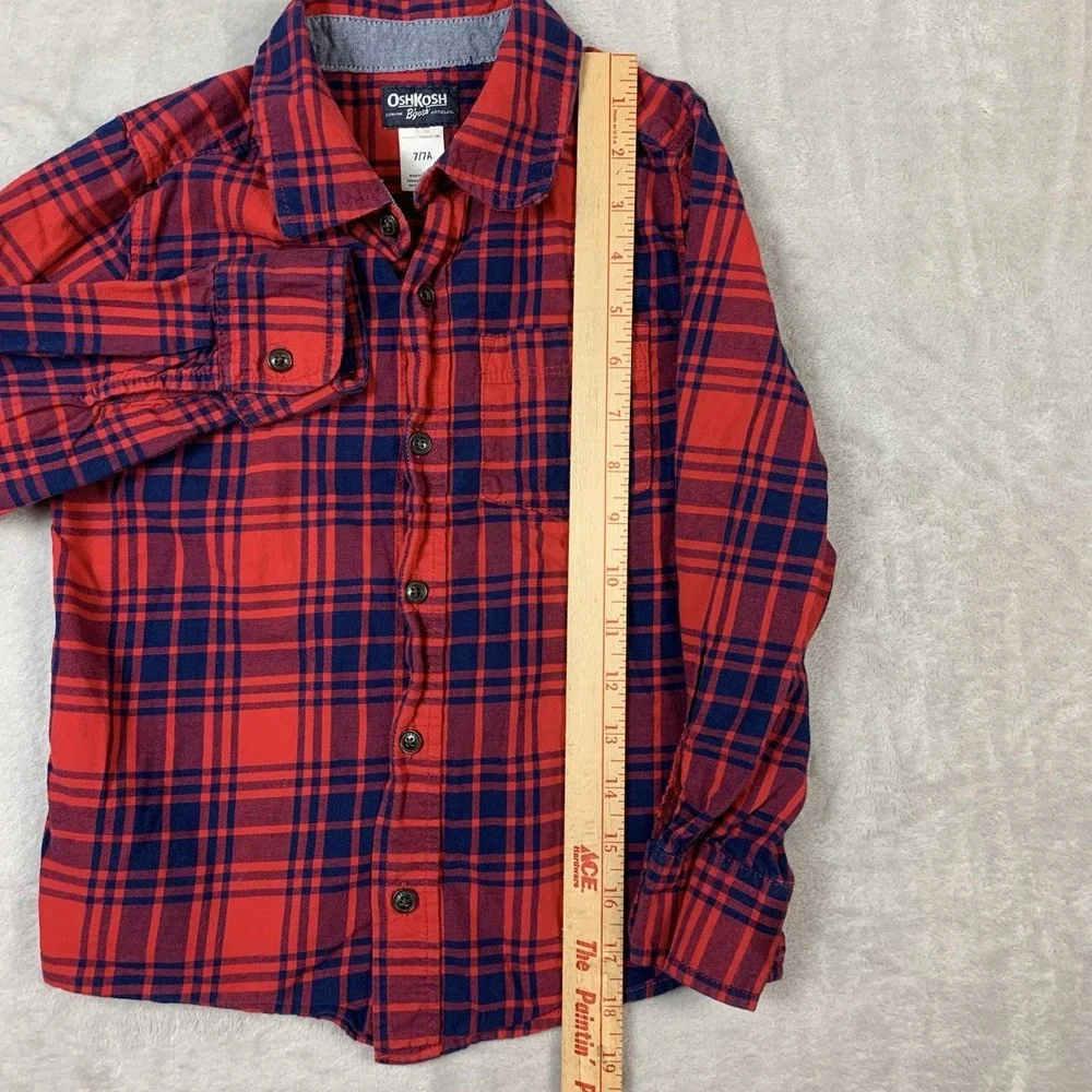 Oshkosh B'gosh Flannel Shirt Youth Boys 7 Red Blue Plaid Long Sleeve Cotton